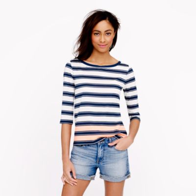 Elbow-sleeve top in engineered stripe