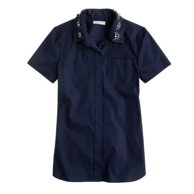 Jeweled-collar short-sleeve shirt