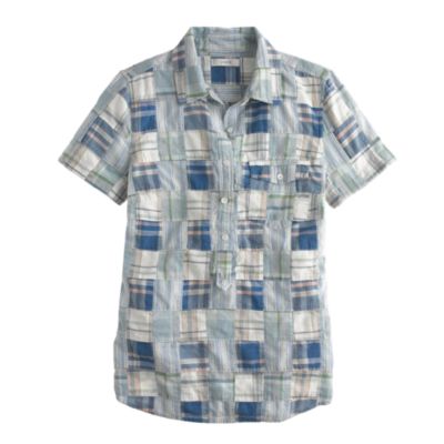 Short-sleeve Indian cotton popover in patchwork plaid