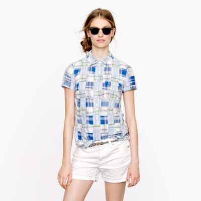 Short-sleeve Indian cotton popover in patchwork plaid