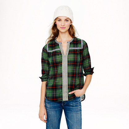 Embroidered peasant top in green plaid