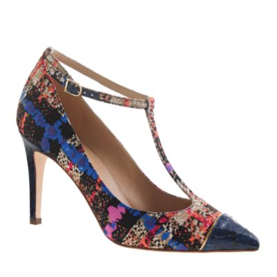 Everly cap toe printed T-strap pumps