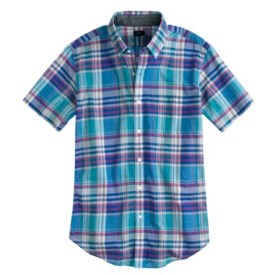 Indian cotton short-sleeve shirt in lagoon blue plaid