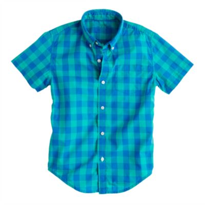 Boys' Secret Wash short-sleeve shirt in pacific turquoise oversize gingham