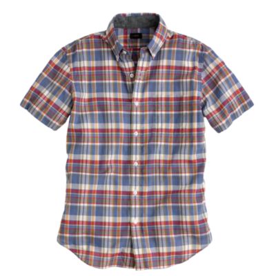 Indian cotton short-sleeve shirt in blue plaid