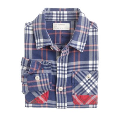 Boys' midweight patched flannel shirt in blue plaid