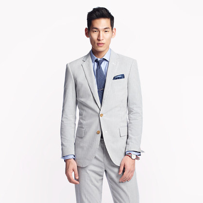 Ludlow two button suit jacket with center vent in fine stripe cotton 