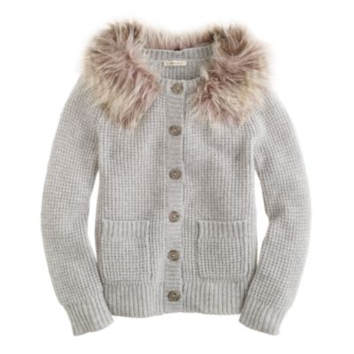 Girls' fur-trimmed waffle cardigan