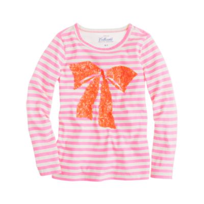 Girls' long-sleeve sequin bow tee in stripe
