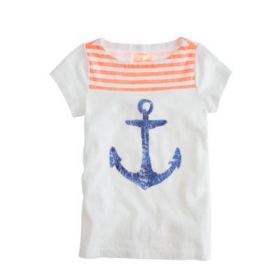 Girls' orange stripe sequin anchor tee