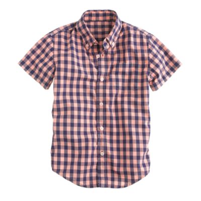 Boys' Secret Wash short-sleeve shirt in neon persimmon medium gingham