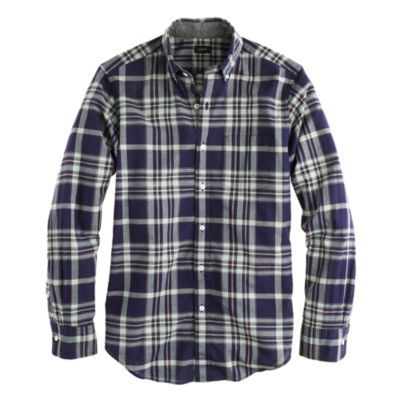 Tall Indian cotton shirt in deep pacific plaid