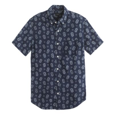 Short-sleeve shirt in reverse indigo floral Japanese chambray