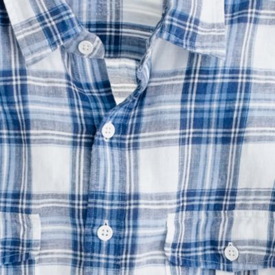Irish linen camp shirt in blue plaid