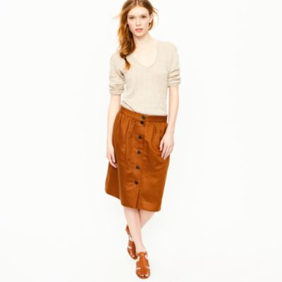 Button-front linen twill skirt