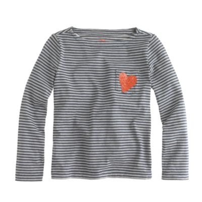 Girls' long-sleeve sequin-heart pocket tee in thin stripe