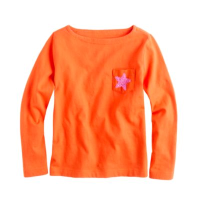 Girls' long-sleeve sequin-star pocket tee