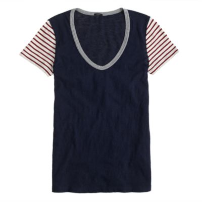 Vintage cotton stripe-sleeve scoopneck tee