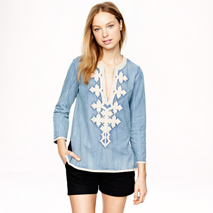 Embroidered tunic in chambray